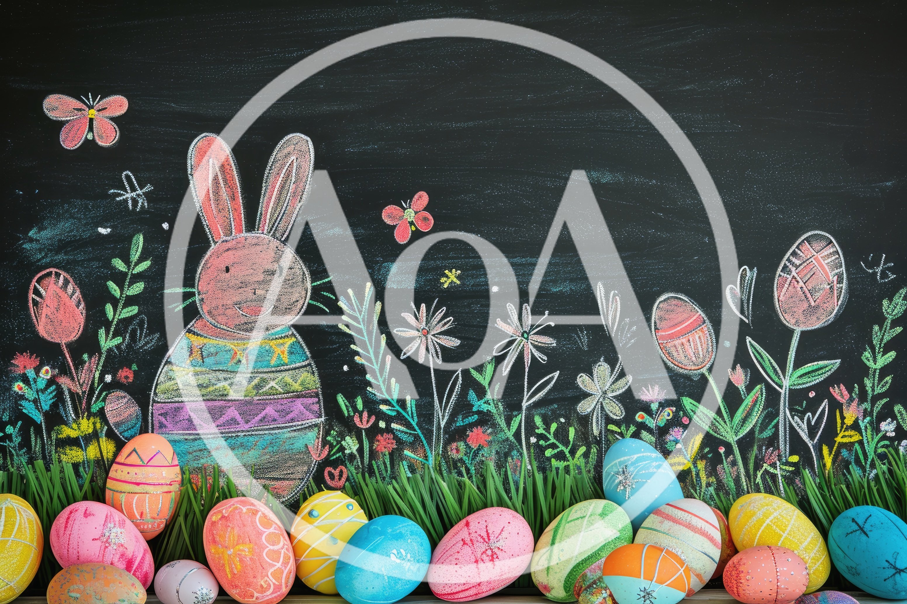 Easter Eggs and Chalk Bunny Drawing on Blackboard