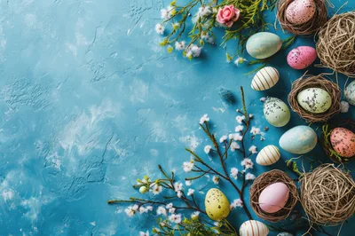 Easter Eggs And Floral Decorations On Blue Background
