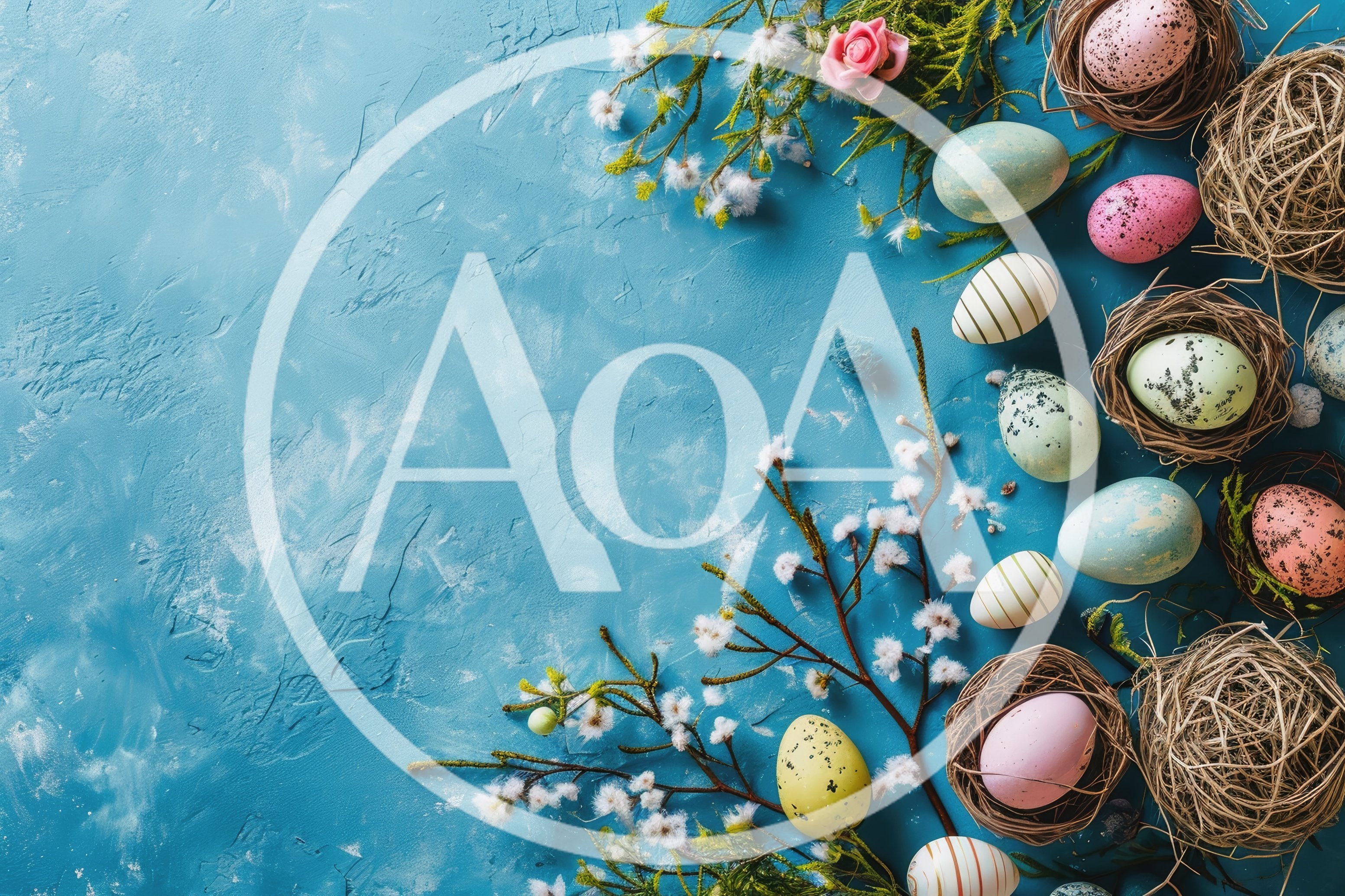 Easter Eggs And Floral Decorations On Blue Background