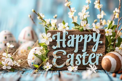 Happy Easter Wooden Sign With Spring Flowers And Eggs
