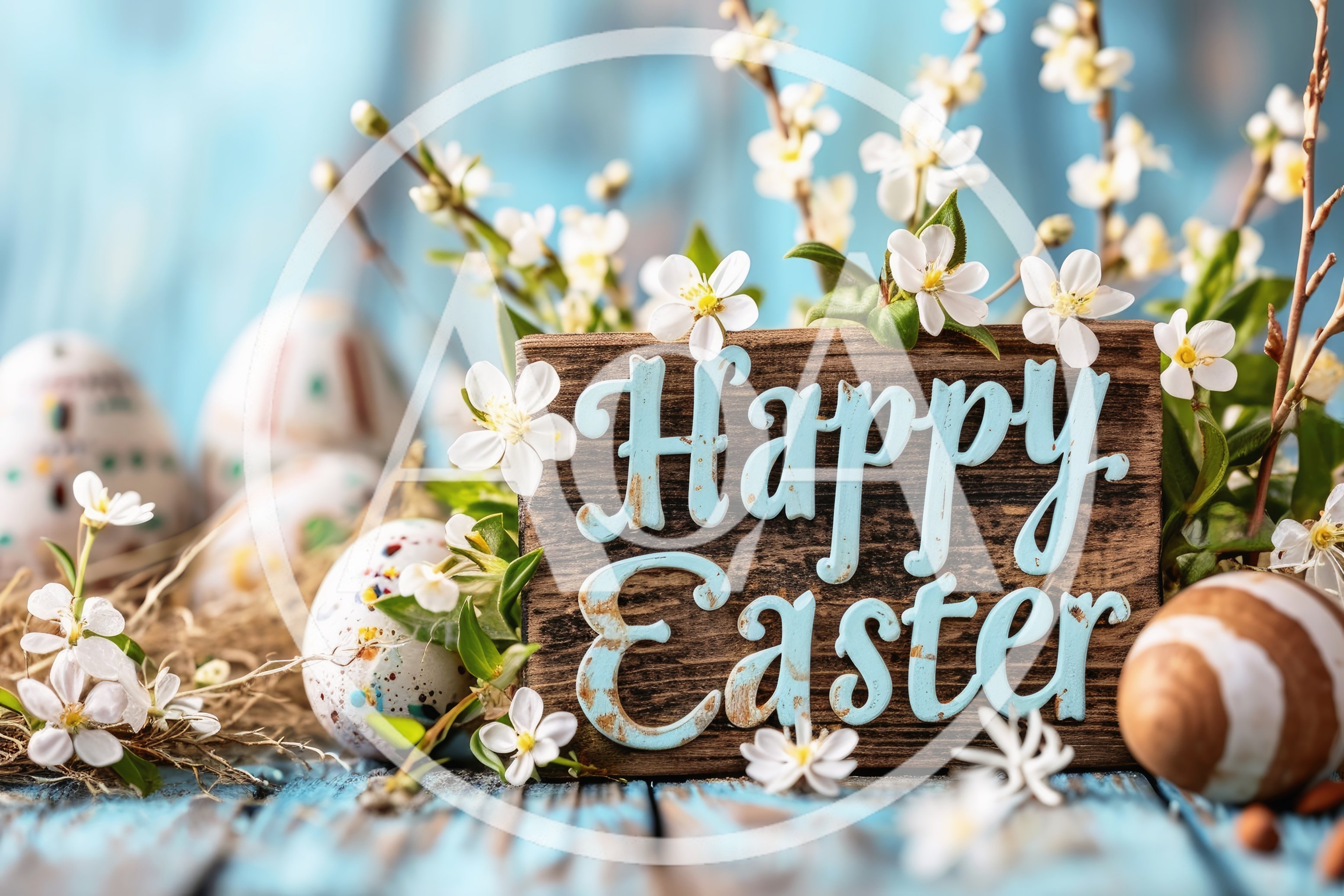 Happy Easter Wooden Sign With Spring Flowers And Eggs