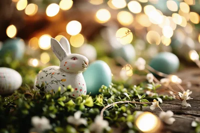 Easter Bunny Figurine With Pastel Eggs And Fairy Lights
