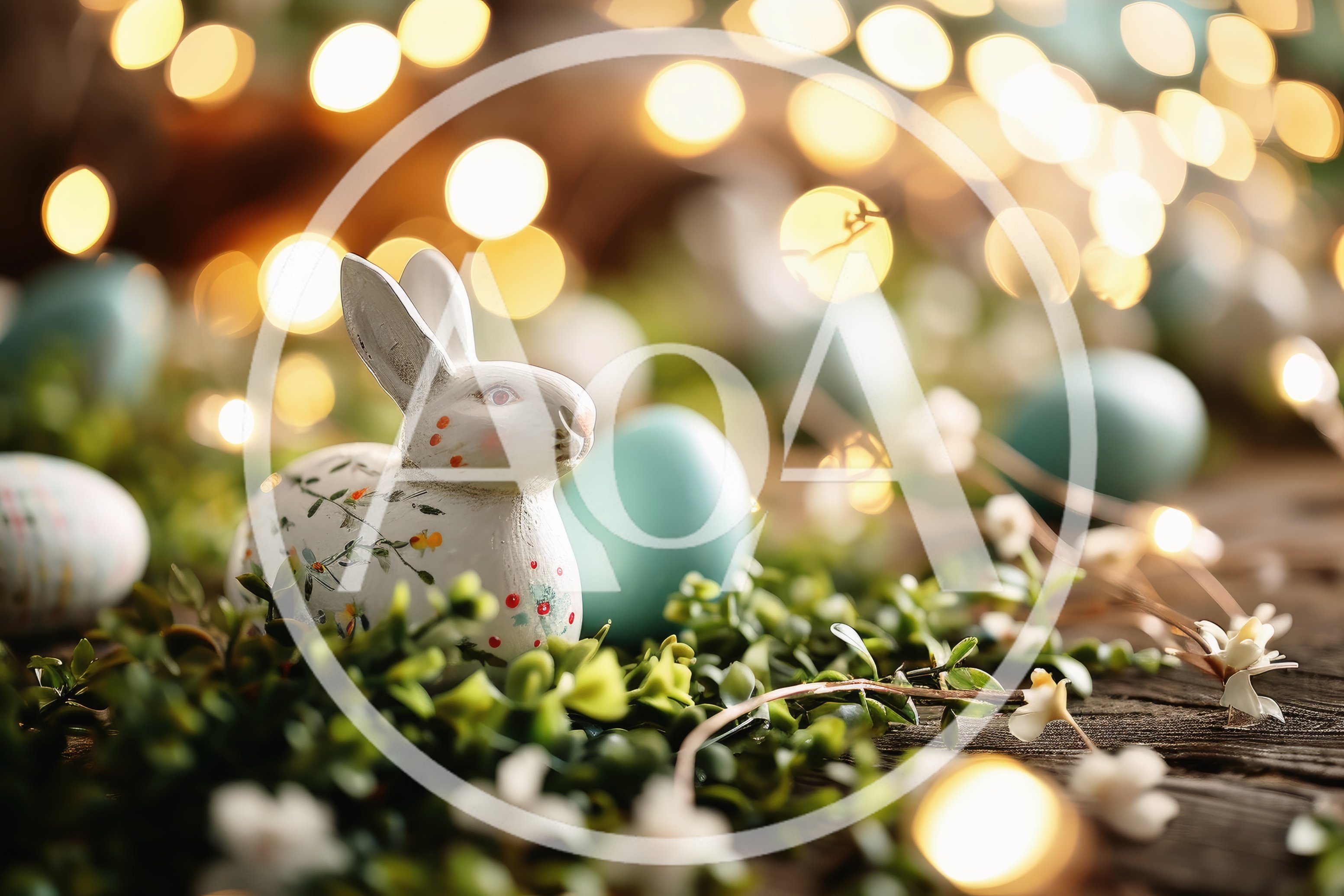 Easter Bunny Figurine With Pastel Eggs And Fairy Lights