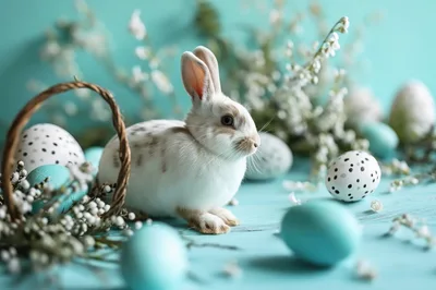 Cute Easter Bunny With Decorated Eggs And Flowers