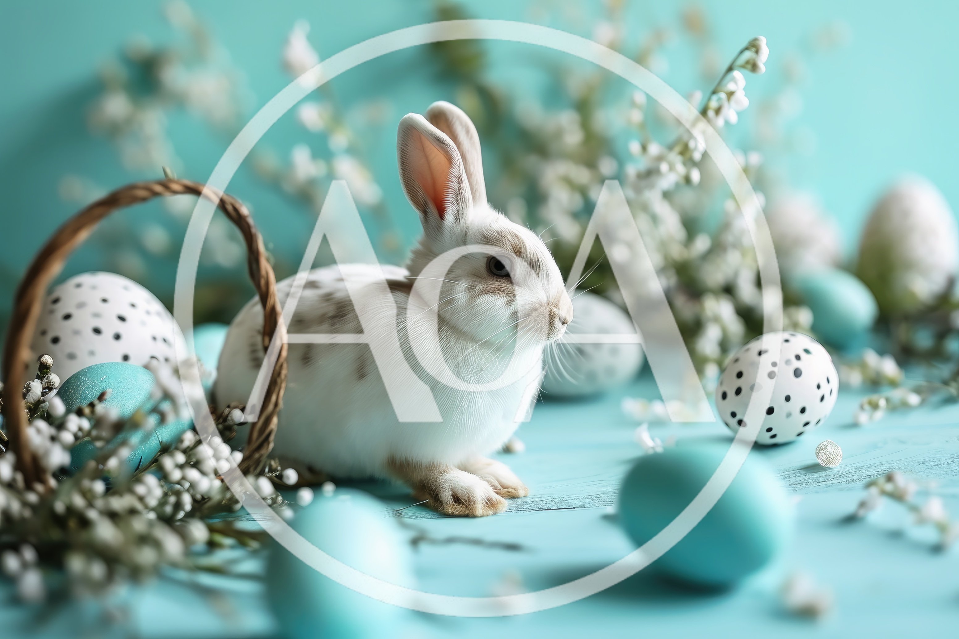 Cute Easter Bunny With Decorated Eggs And Flowers