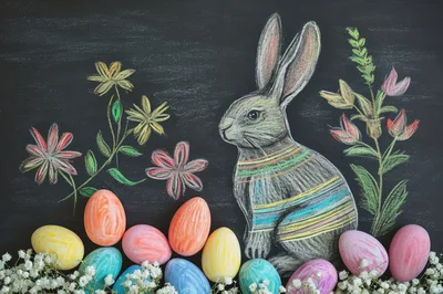 Easter Bunny Chalk Drawing With Colorful Painted Eggs