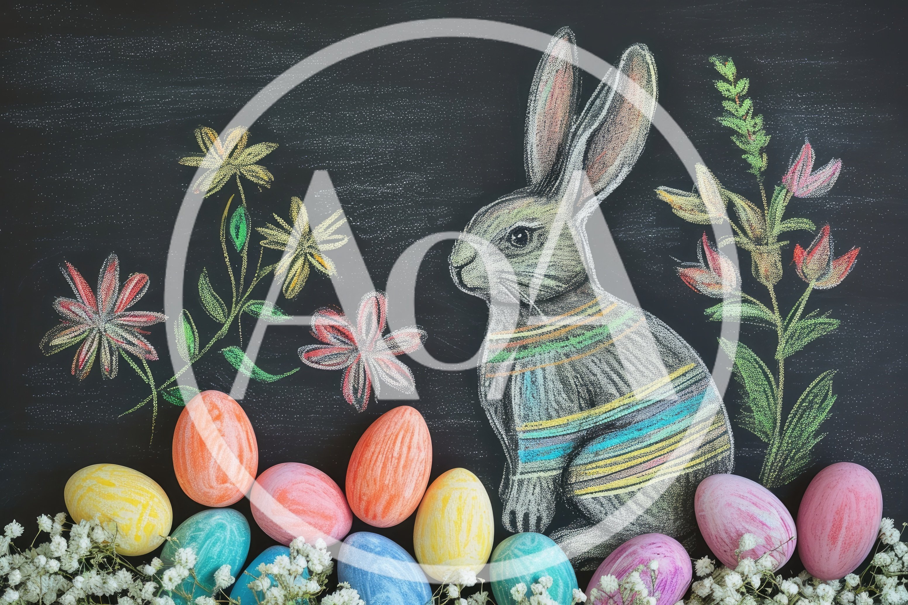 Easter Bunny Chalk Drawing With Colorful Painted Eggs