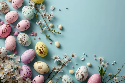 Easter Eggs And Spring Flowers On Blue Background