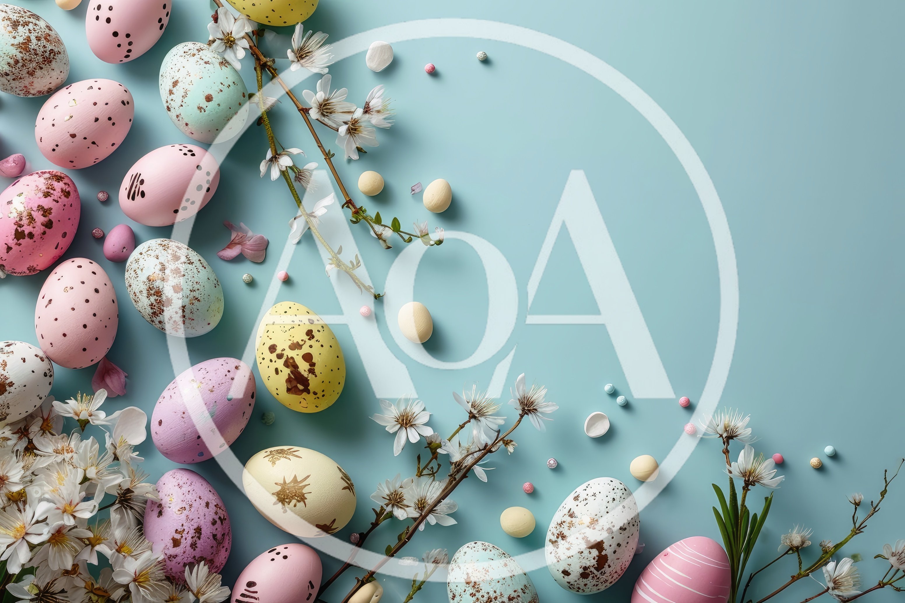Easter Eggs And Spring Flowers On Blue Background