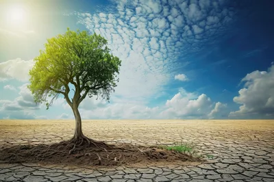 Solitary Green Tree Standing In A Cracked Desert Landscape
