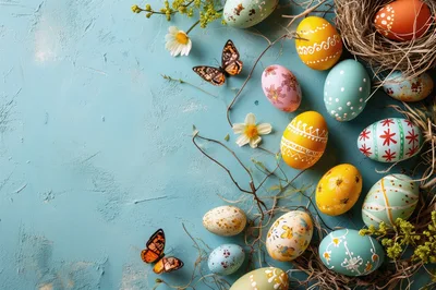 Easter Eggs With Butterflies And Flowers On Blue Background