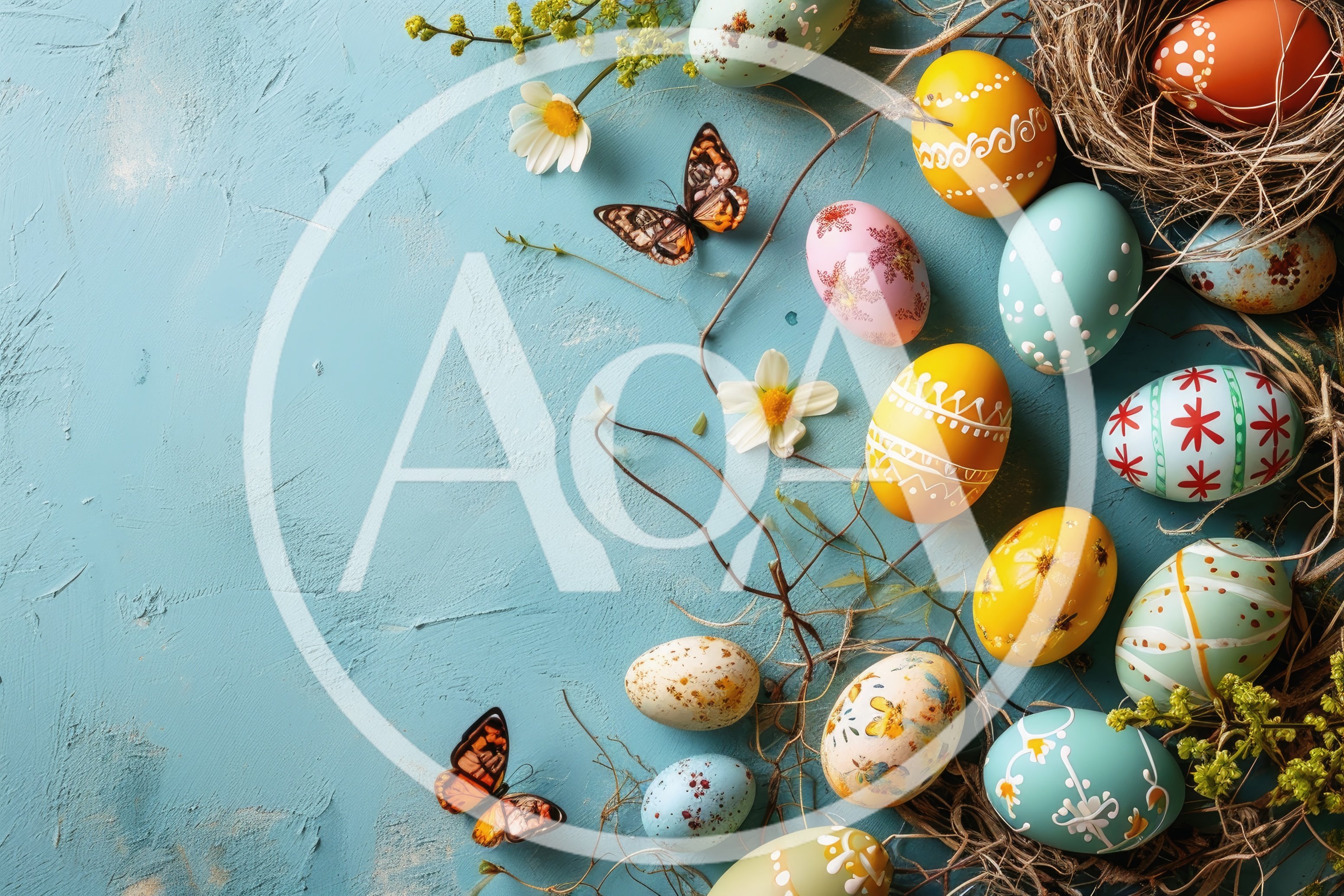 Easter Eggs With Butterflies And Flowers On Blue Background