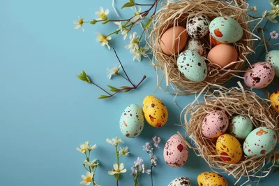 Easter Eggs In Straw Nests With Spring Flowers