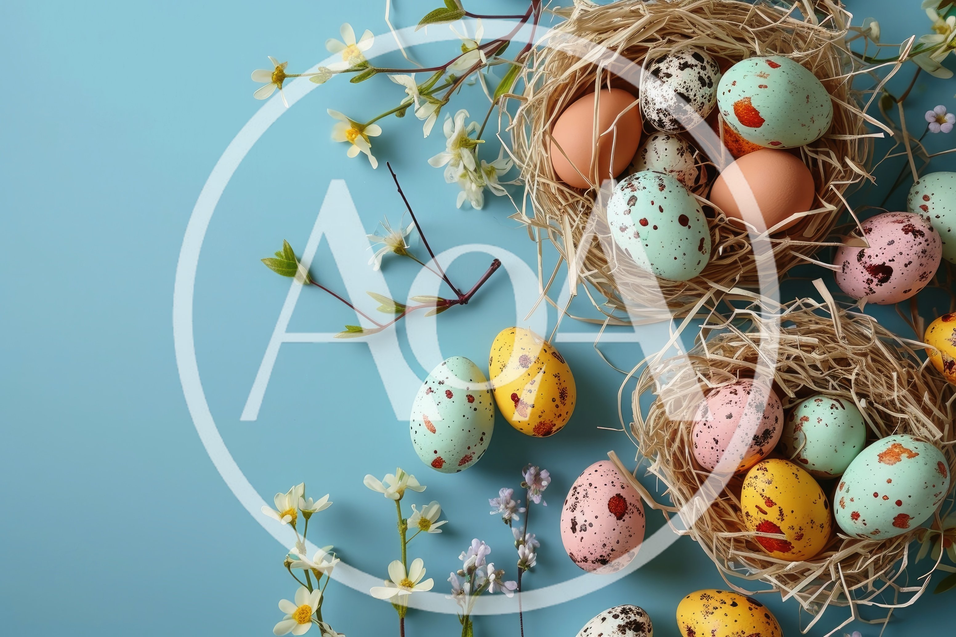 Easter Eggs In Straw Nests With Spring Flowers