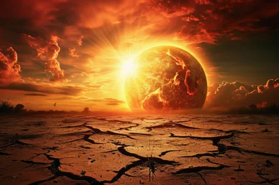 Apocalyptic Landscape With A Burning Planet And Cracked Earth