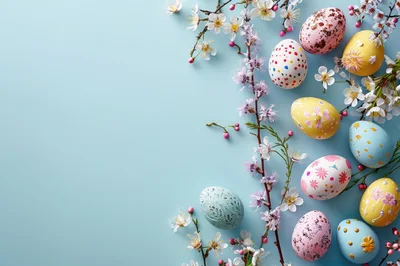 Easter Eggs And Spring Blossoms On Blue Background