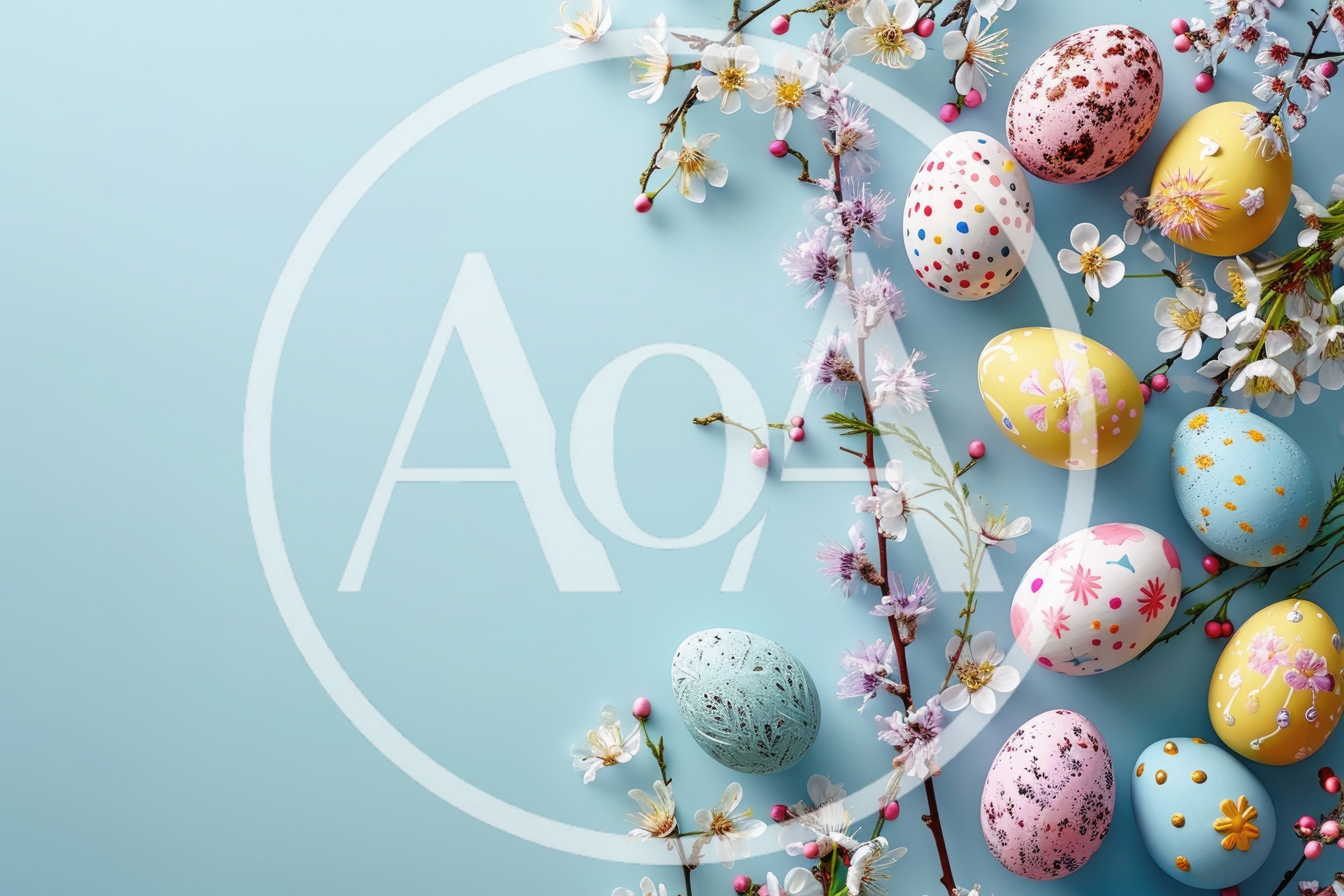 Easter Eggs And Spring Blossoms On Blue Background