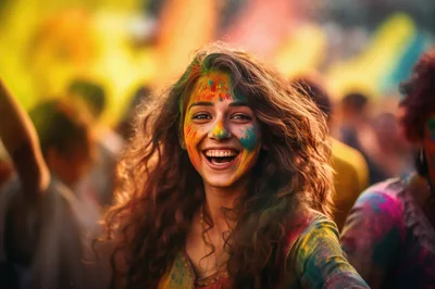 Young Woman Celebrating Holi Festival With Colorful Powder