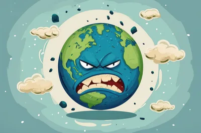 Angry Cartoon Earth Planet With Aggressive Facial Expression