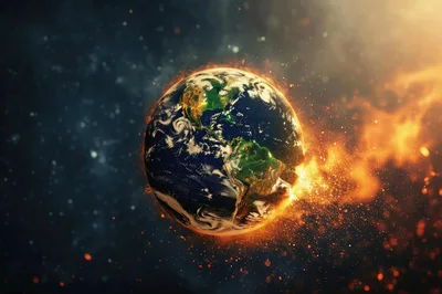 Burning Planet Earth Floating In Deep Space