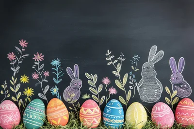 Easter Eggs And Chalk Bunny Drawings On Blackboard