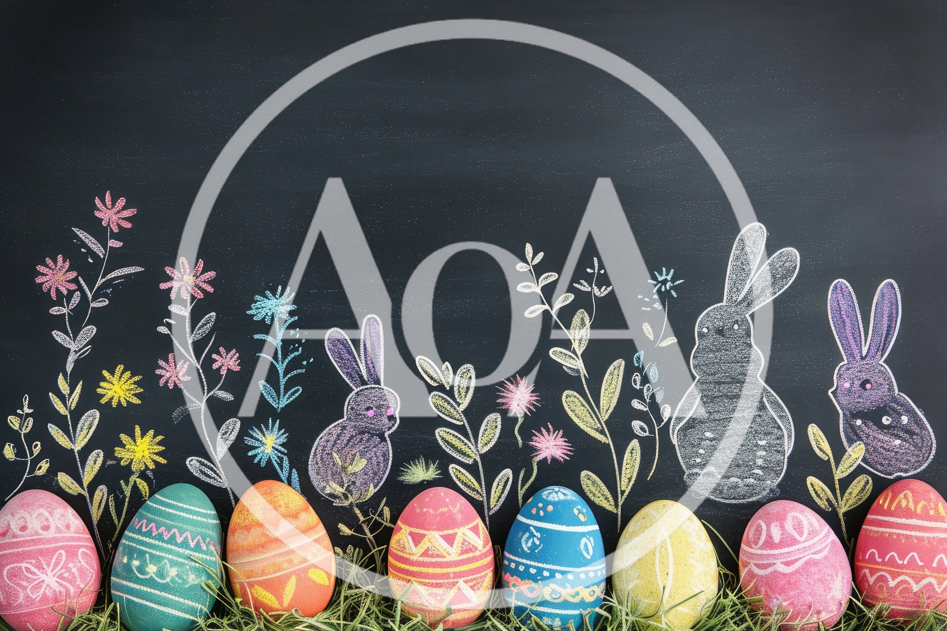 Easter Eggs And Chalk Bunny Drawings On Blackboard