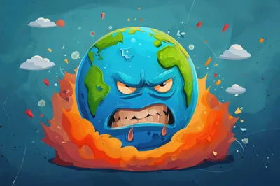 Angry Earth Planet Character Surrounded By Fire