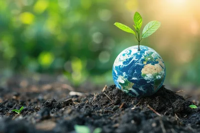 Small Plant Growing From A Miniature Earth Globe