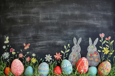 Easter Eggs and Chalk Bunny Drawings on Blackboard