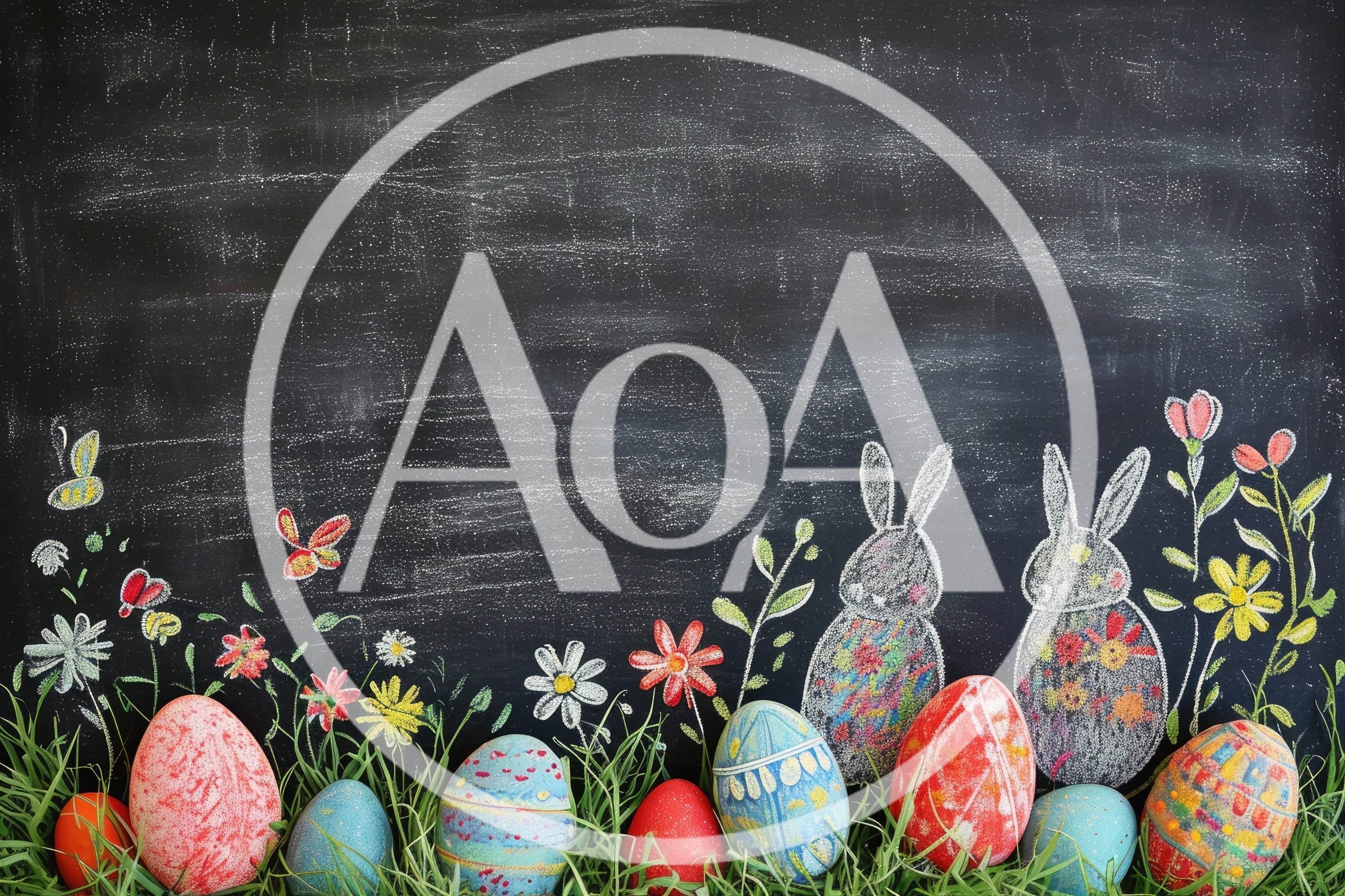 Easter Eggs and Chalk Bunny Drawings on Blackboard