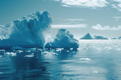 Massive Icebergs Floating In Arctic Ocean Waters