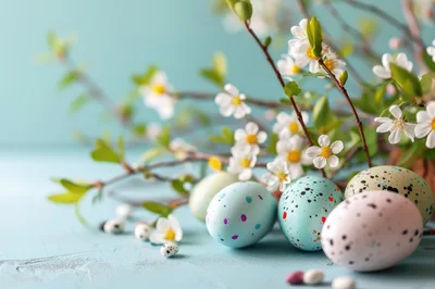 Easter Eggs With Spring Flowers On Blue Background