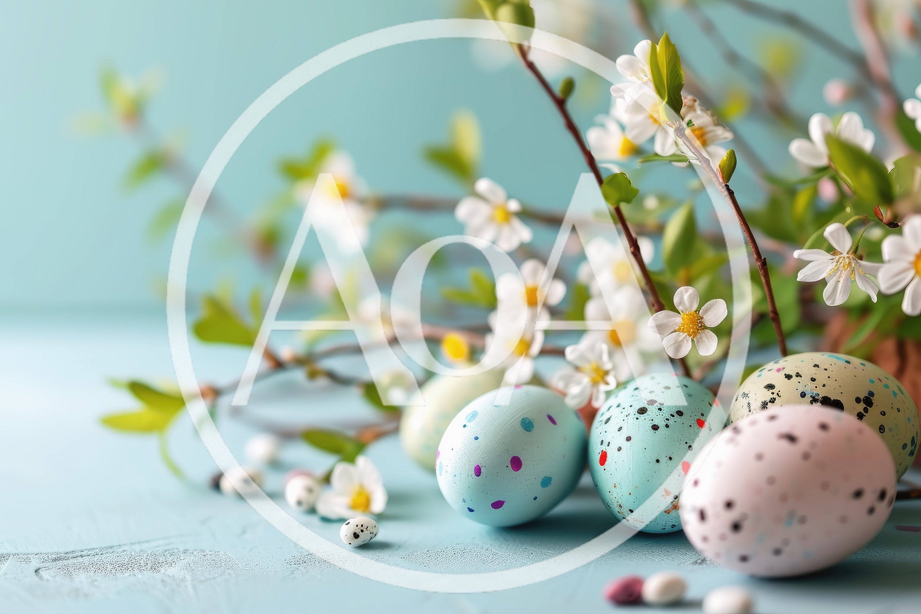 Easter Eggs With Spring Flowers On Blue Background