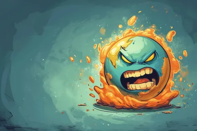 Angry Cartoon Planet Character With Fiery Aura