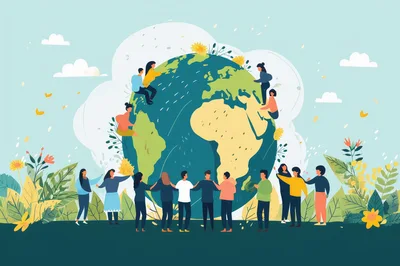 Diverse People Holding Hands Around A Stylized Earth