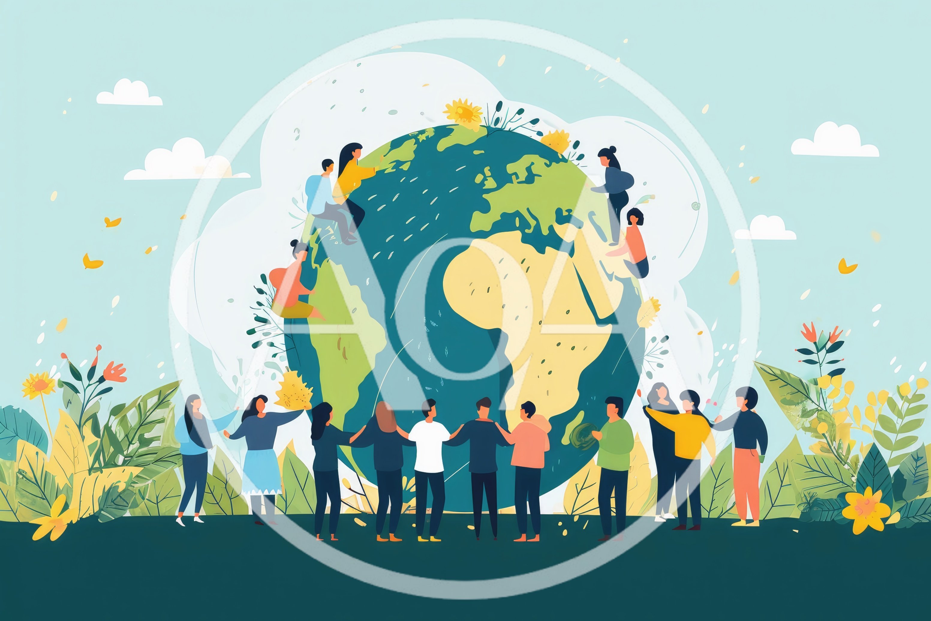 Diverse People Holding Hands Around A Stylized Earth
