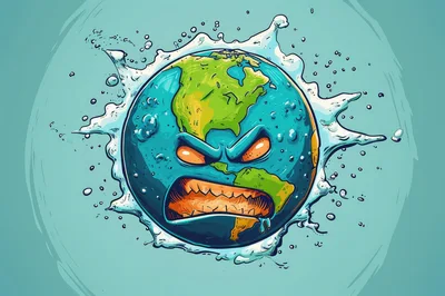 Angry Earth Planet Cartoon Illustration With Water Splash
