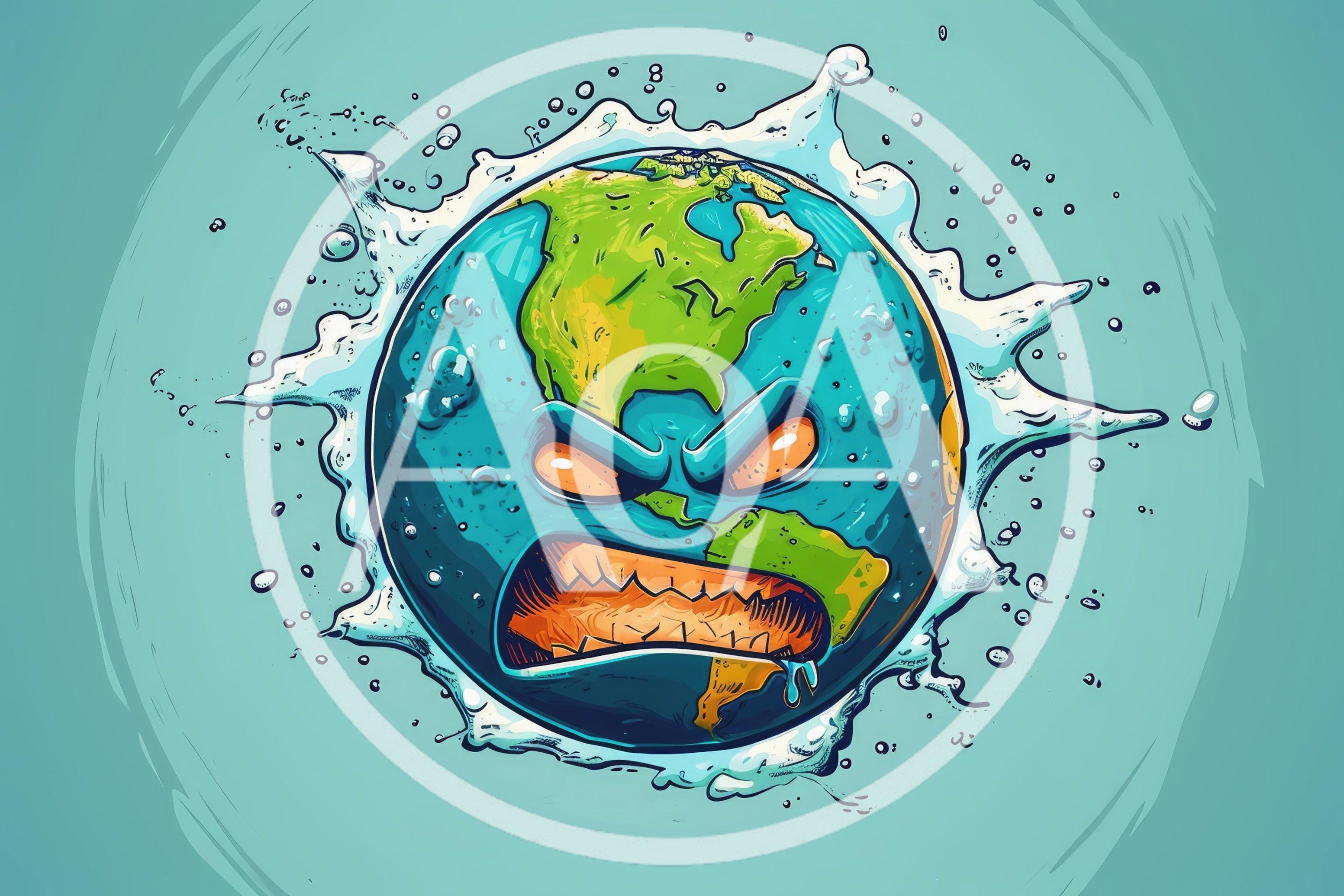 Angry Earth Planet Cartoon Illustration With Water Splash