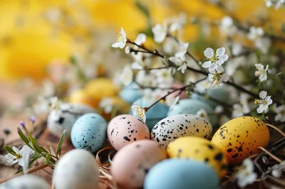 Easter Eggs With Spring Flowers On Wooden Background
