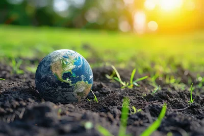 Miniature Earth Globe Resting On Fertile Soil