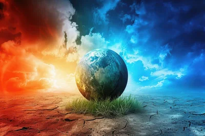 Conceptual Earth Globe Between Fire And Ice Landscapes