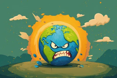 Angry Earth Cartoon Character With Glowing Sun Background