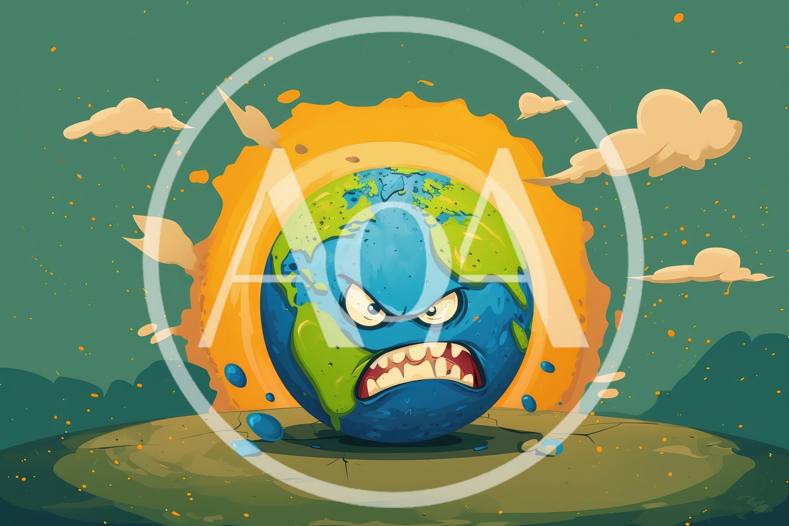 Angry Earth Cartoon Character With Glowing Sun Background