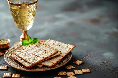 Passover Matzah Bread and Wine on Decorative Plate