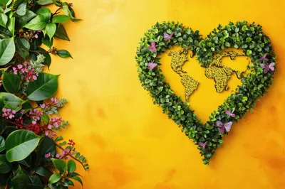 Heart Shaped Greenery With World Map On Yellow Background