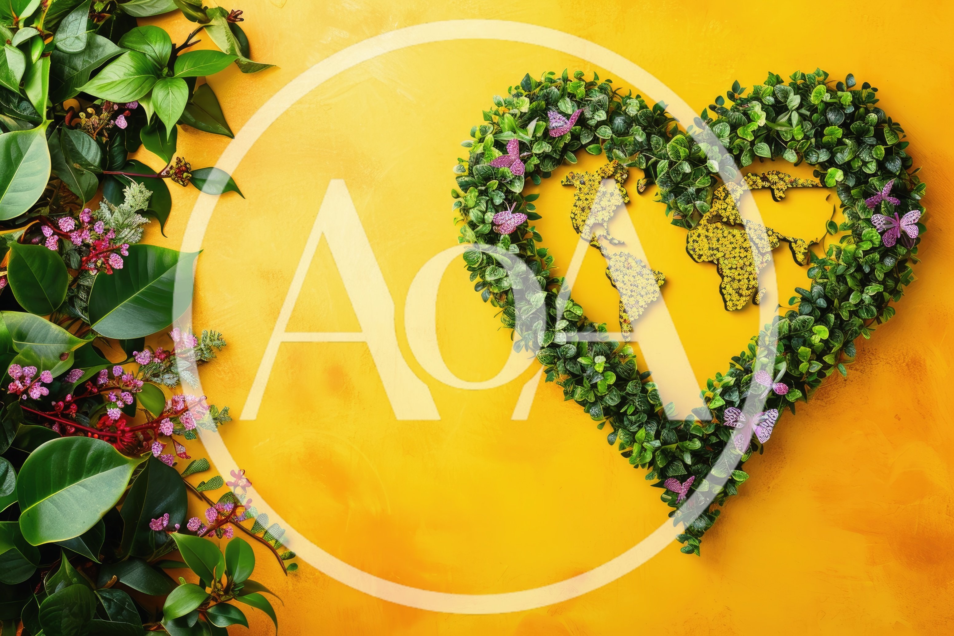 Heart Shaped Greenery With World Map On Yellow Background