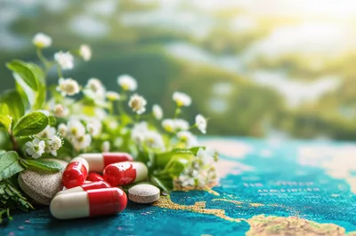 Red and White Medical Capsules on World Map