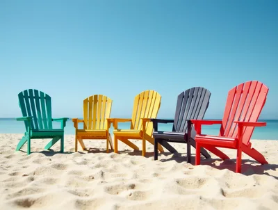 Five Colorful Adirondack Chairs On A Sunny Beach