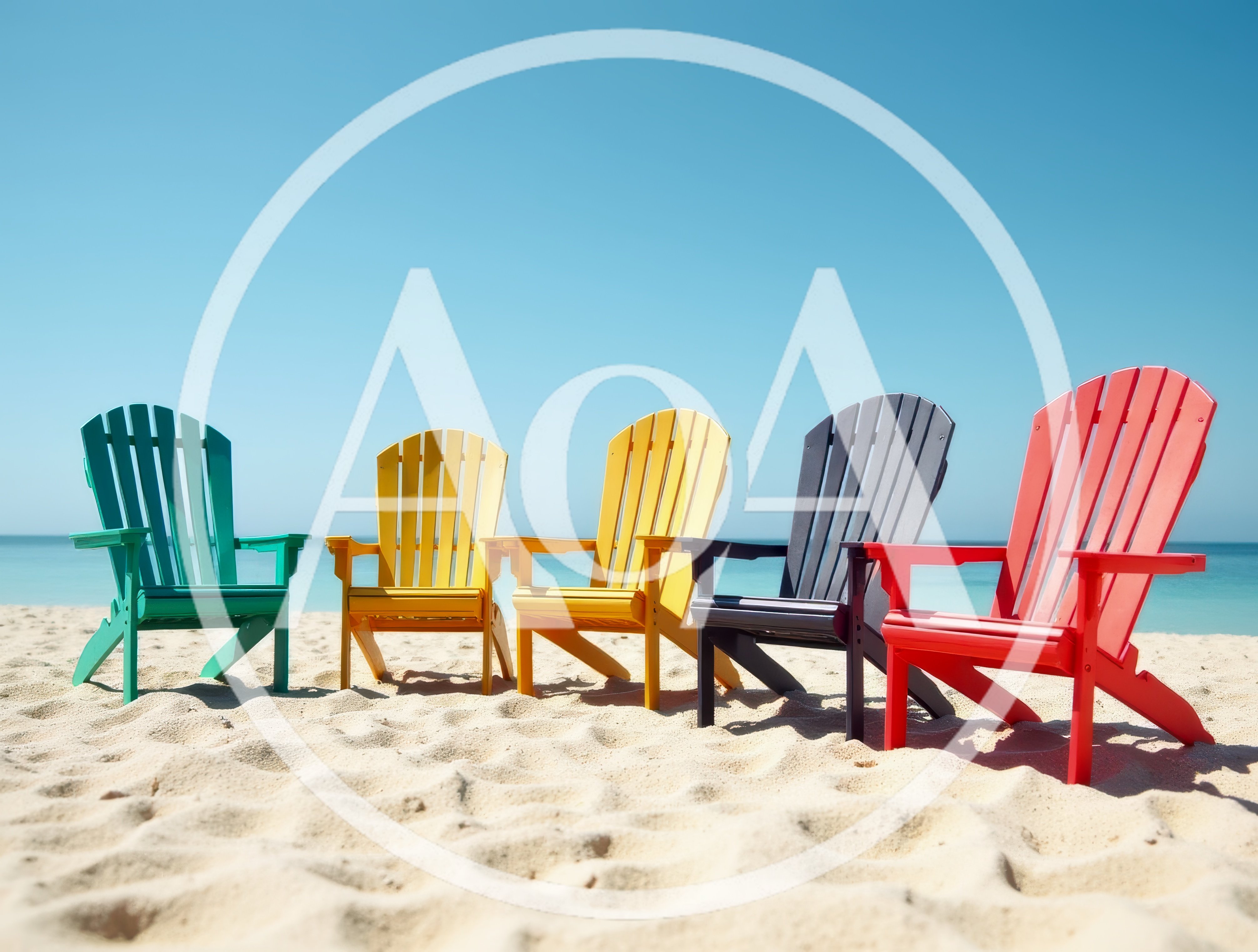 Five Colorful Adirondack Chairs On A Sunny Beach