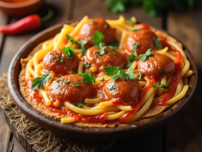 Spaghetti And Meatballs Served On A Flatbread Base